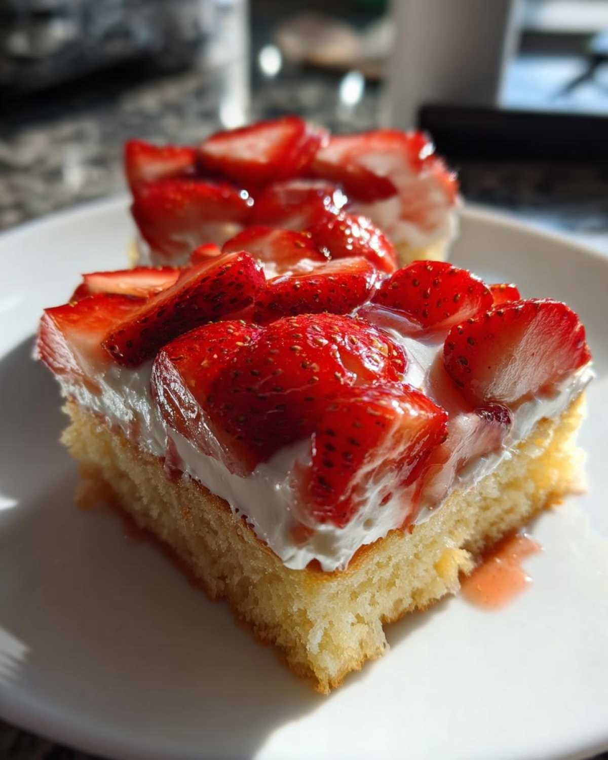 Close-up of a moist slice of Strawberry Shortcake Sheet Cake topped with whipped cream and glistening, sliced fresh strawberries.