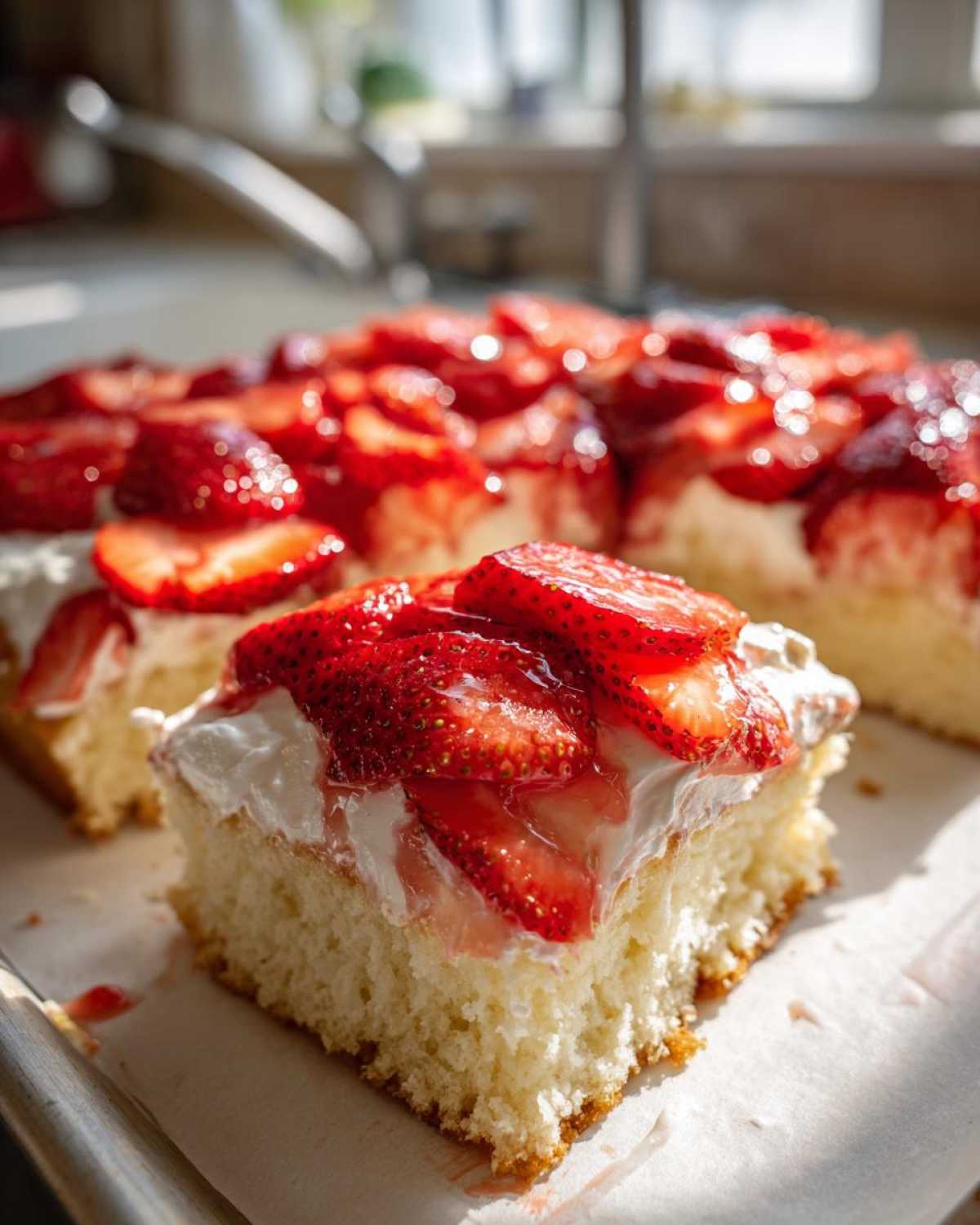 A close-up of a moist slice of Strawberry Shortcake Sheet Cake topped with whipped cream and glistening sliced strawberries.