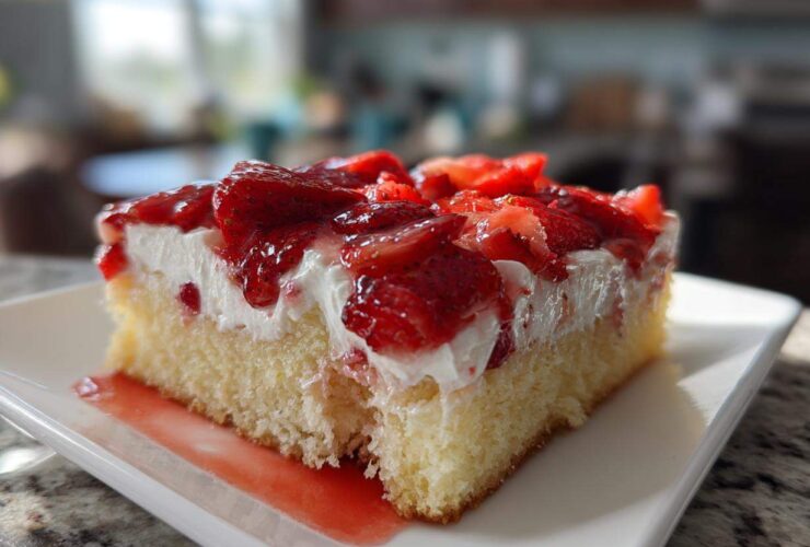 A close-up of a moist slice of Strawberry Shortcake Sheet Cake topped with whipped cream and glazed strawberries.