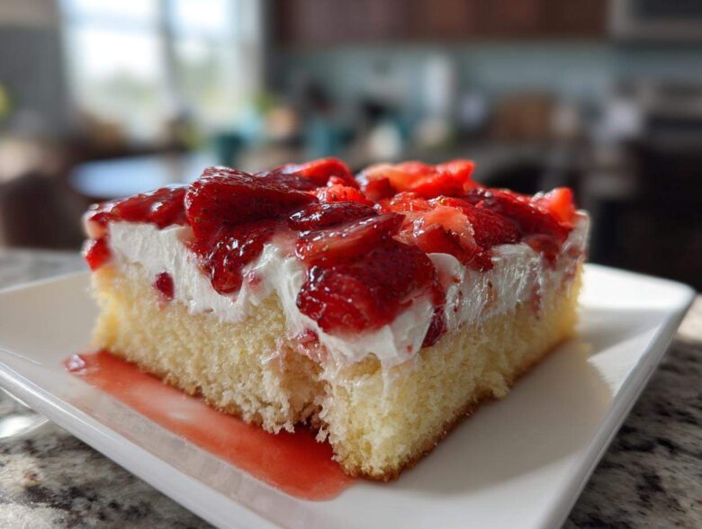 A close-up of a moist slice of Strawberry Shortcake Sheet Cake topped with whipped cream and glazed strawberries.