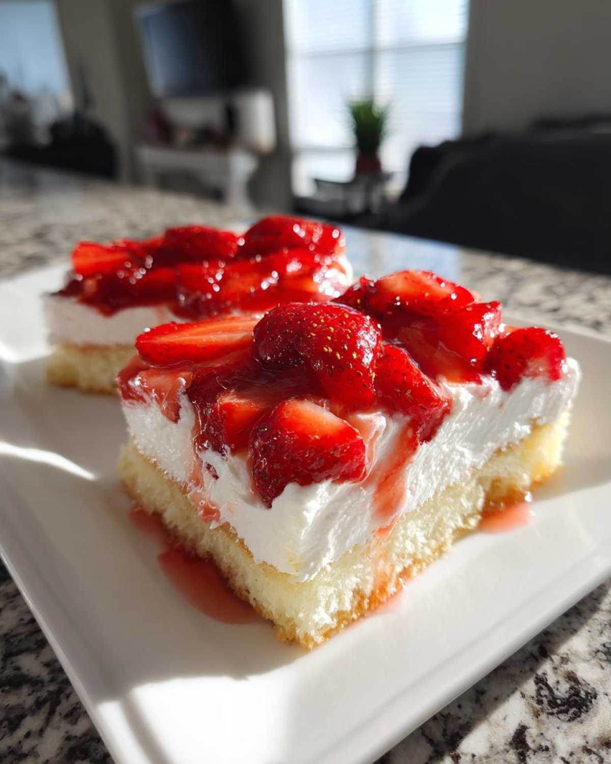 Two slices of moist Strawberry Shortcake Sheet Cake topped with thick whipped cream and fresh glazed strawberries.