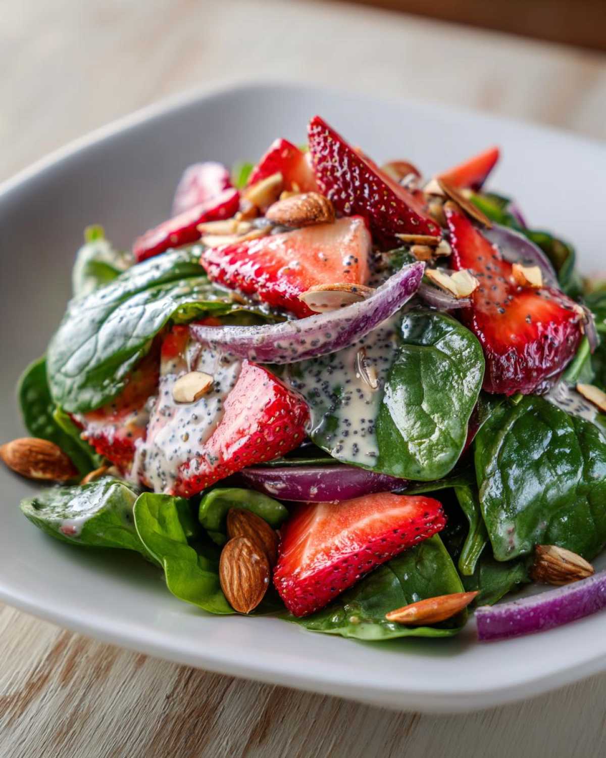 A vibrant close-up of Strawberry Spinach Salad with Poppy Seed Dressing, featuring fresh spinach, sliced strawberries, red onion, and almonds.
