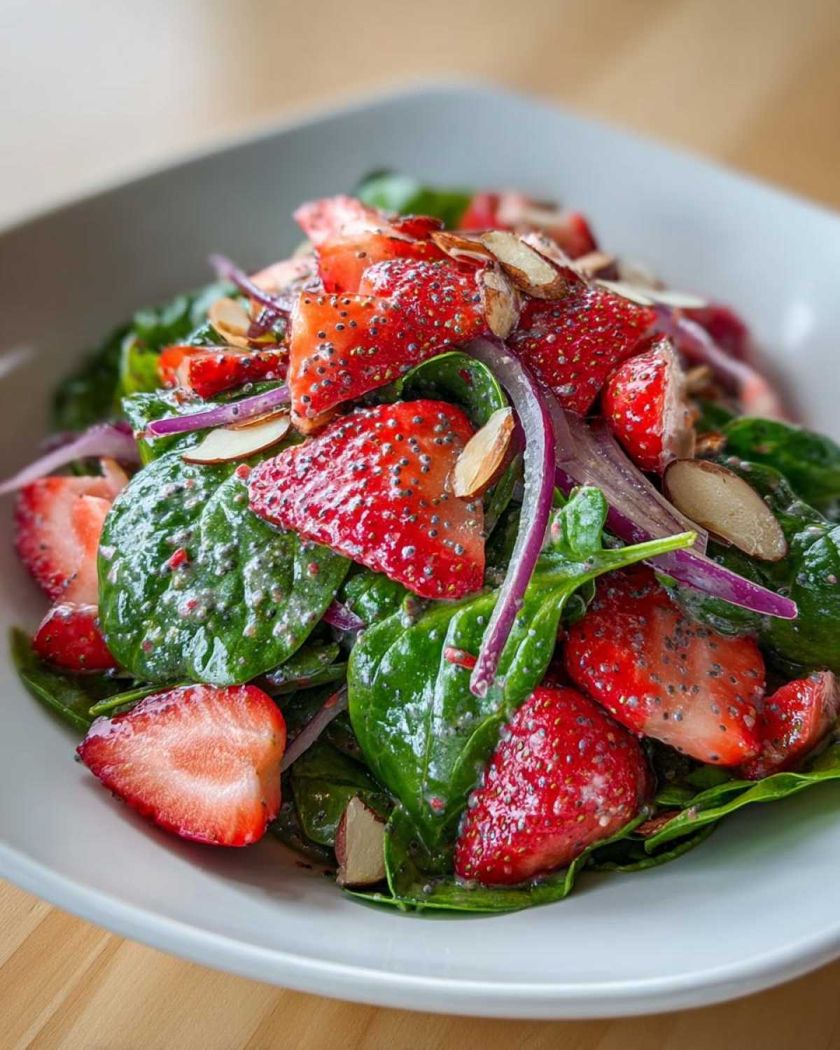 A vibrant Strawberry Spinach Salad with Poppy Seed Dressing, featuring sliced strawberries, red onion, and slivered almonds in a white bowl.