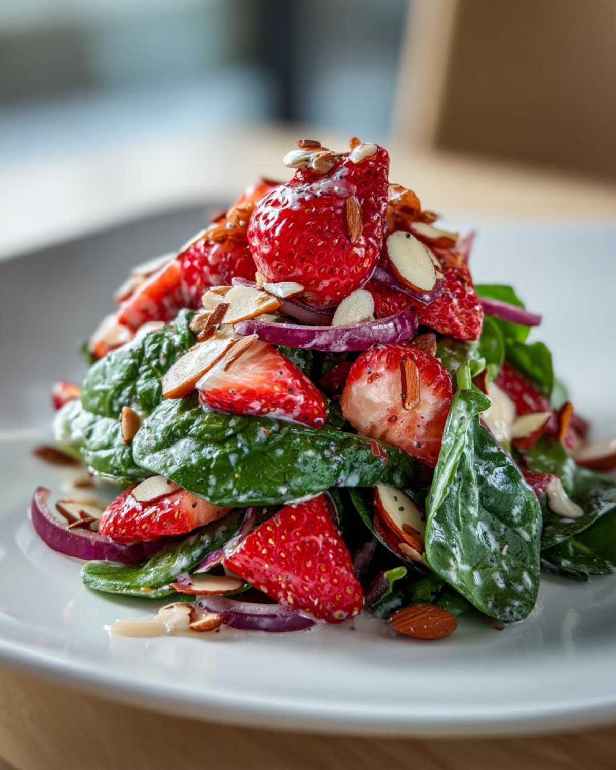 A vibrant mound of Strawberry Spinach Salad with poppy seed dressing, sliced strawberries, red onion, and slivered almonds.