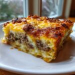 A close-up of a hearty slice of Tater Tot Breakfast Casserole featuring layers of sausage, eggs, and a browned, cheesy topping.