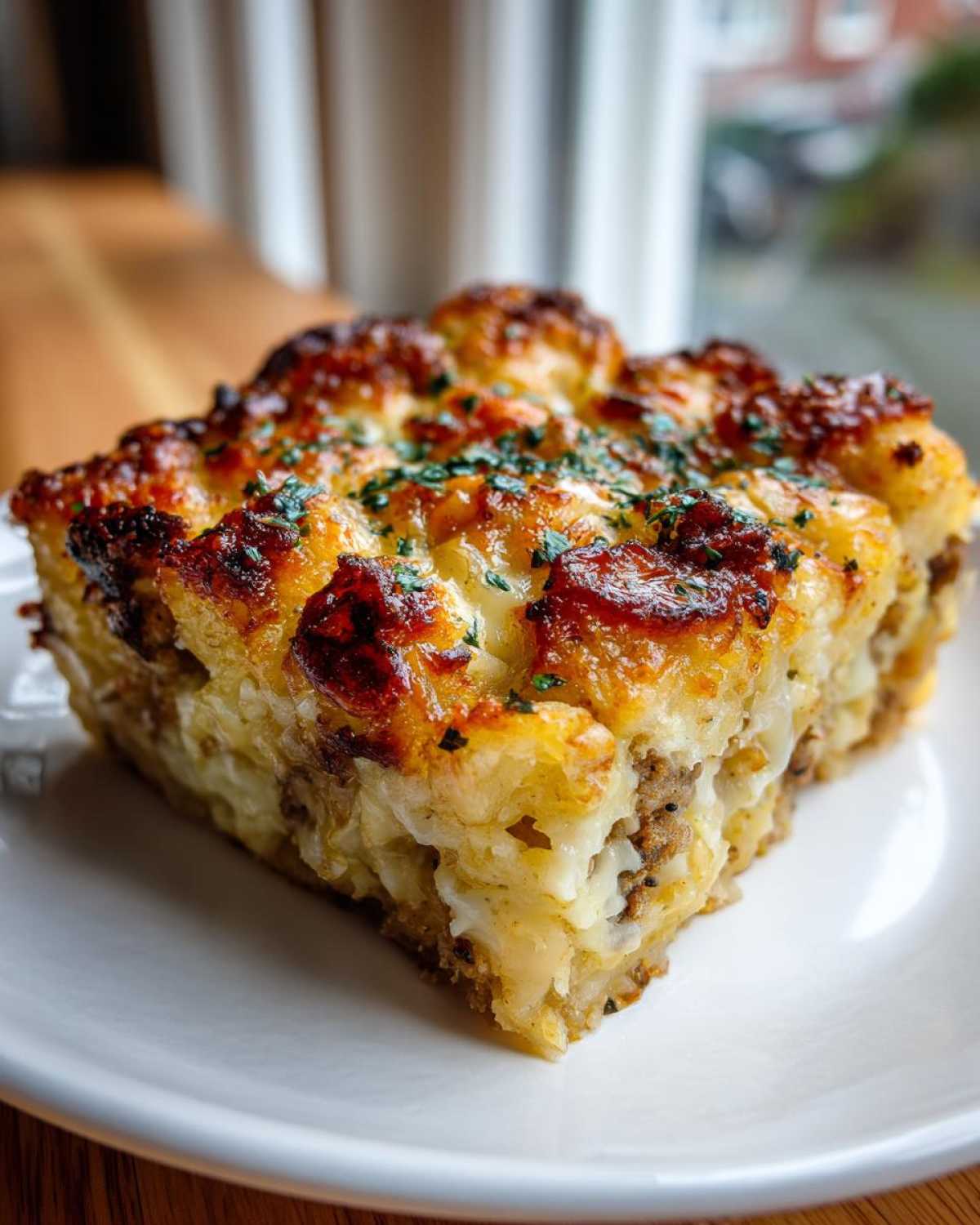 A square slice of Tater Tot Breakfast Casserole with a golden, cheesy, browned top garnished with parsley.