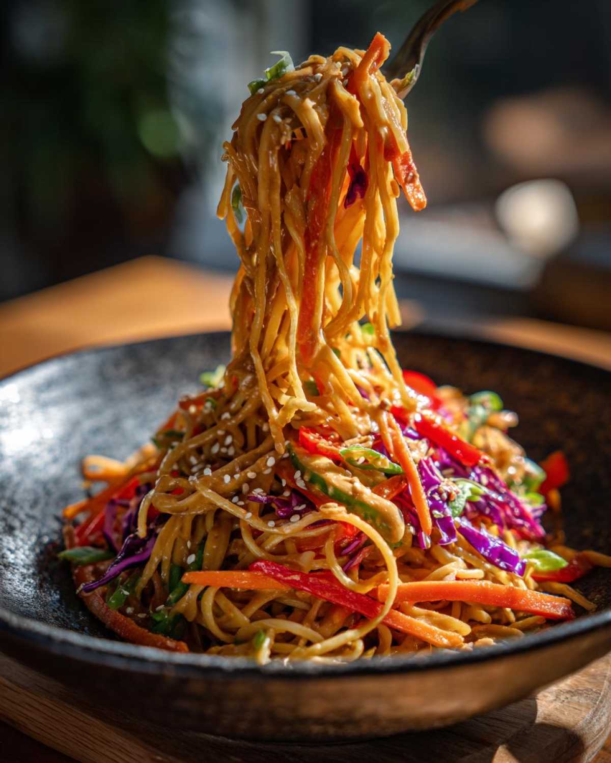 A fork lifts a large portion of saucy Thai Peanut Noodles with Crunchy Veggies from a dark bowl.
