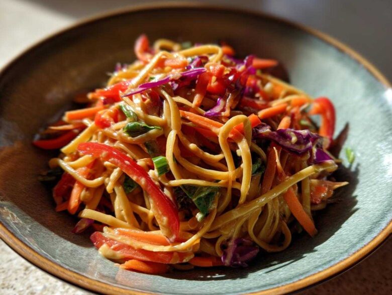 Close-up of a bowl of Thai Peanut Noodles with Crunchy Veggies, featuring noodles coated in peanut sauce and mixed with bright red peppers and carrots.