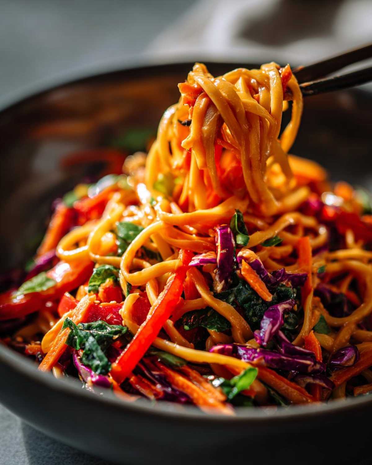 Chopsticks lifting creamy noodles coated in peanut sauce from a bowl of Thai Peanut Noodles with Crunchy Veggies.