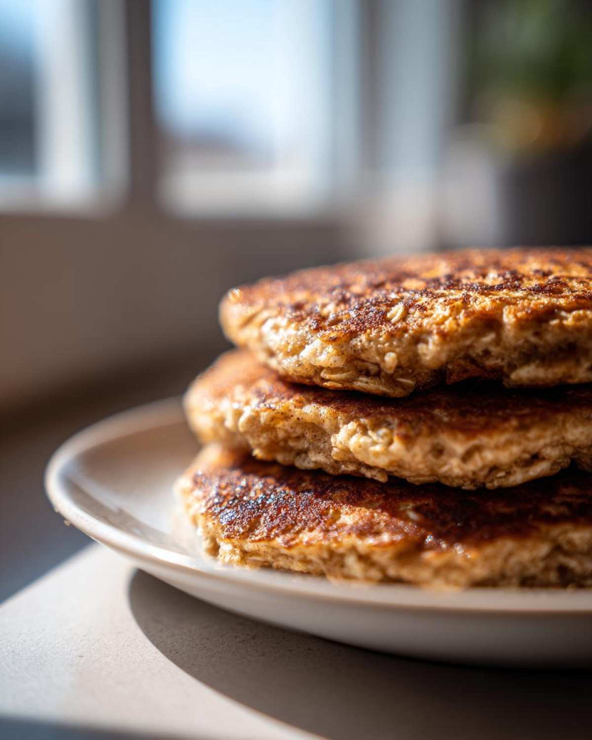 A close-up stack of three golden-brown Vegan Banana Oat Pancakes resting on a light-colored plate.