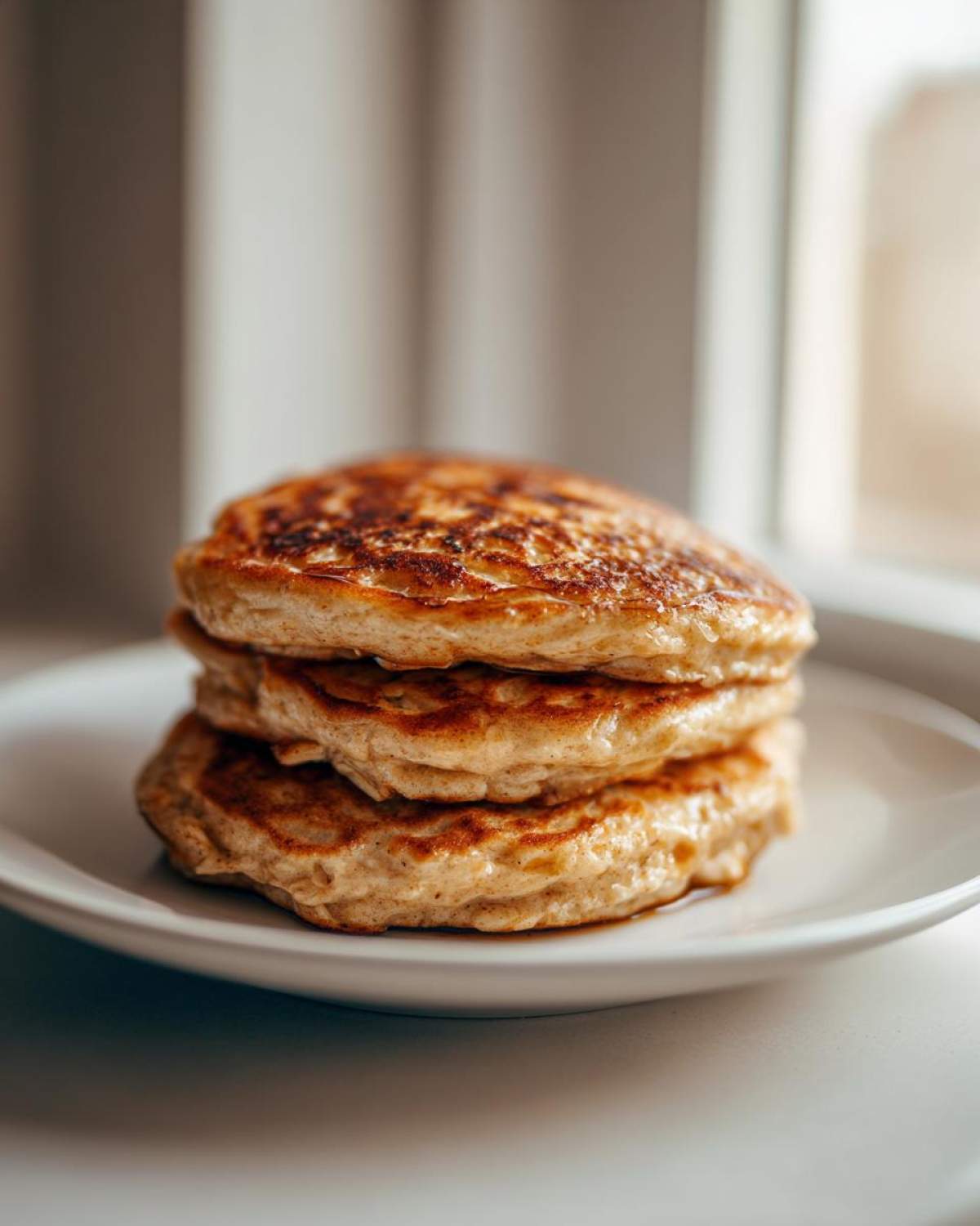 A close-up of a stack of three fluffy Vegan Banana Oat Pancakes on a white plate, backlit by a window.