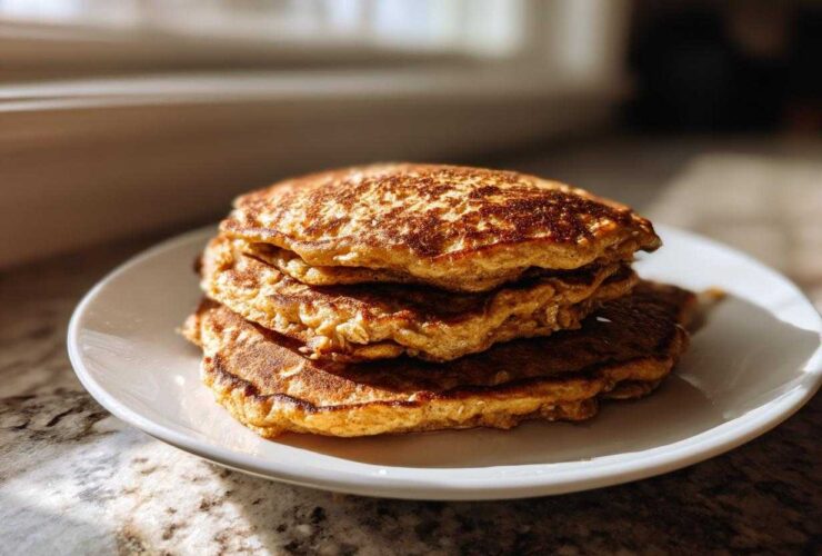 A stack of four golden-brown Vegan Banana Oat Pancakes sitting on a white plate near a sunlit window.
