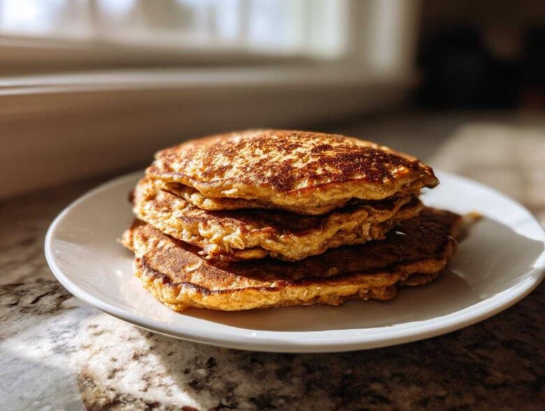 A stack of four golden-brown Vegan Banana Oat Pancakes sitting on a white plate near a sunlit window.