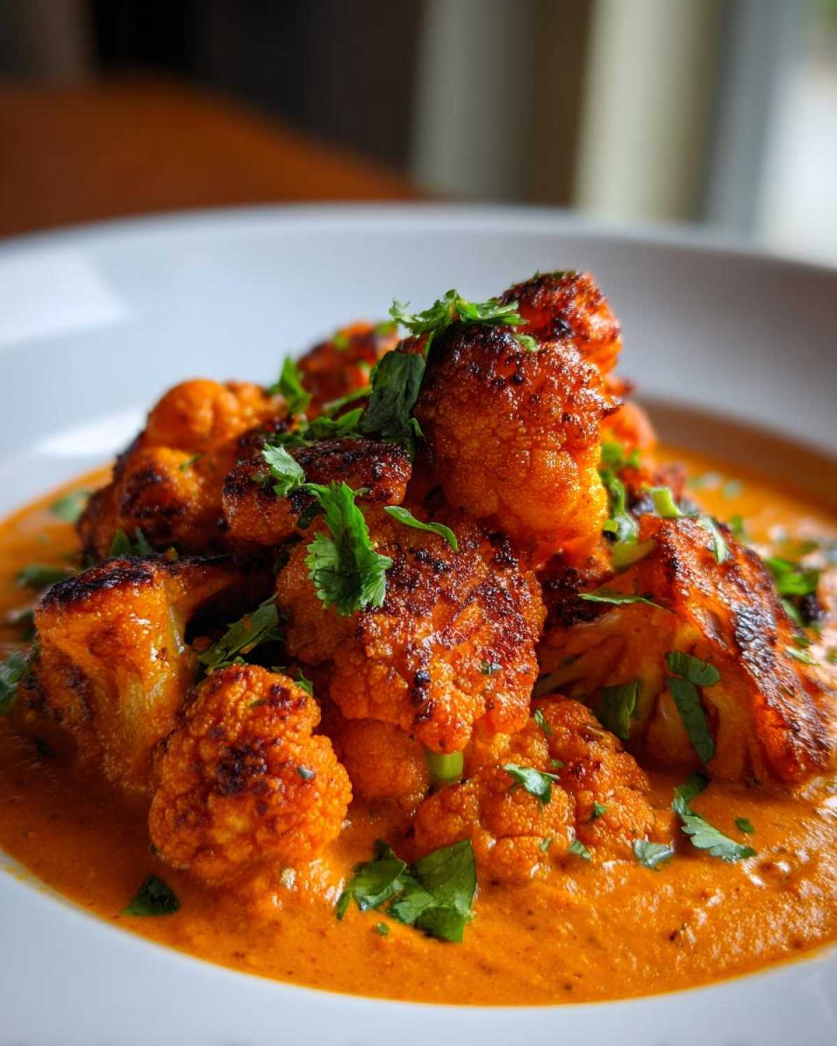 Close-up of charred cauliflower florets served in a rich, orange sauce, garnished with fresh cilantro, representing Vegan Cauliflower Tikka Masala.