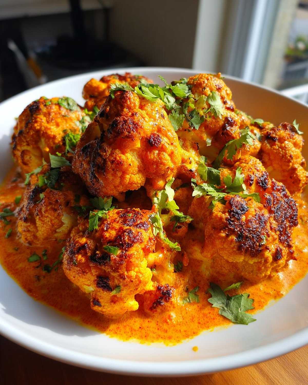 Close-up of roasted cauliflower florets coated in rich orange sauce, served as Vegan Cauliflower Tikka Masala and garnished with cilantro.