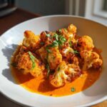 Close-up of roasted cauliflower florets swimming in rich orange sauce, garnished with herbs, for Vegan Cauliflower Tikka Masala.