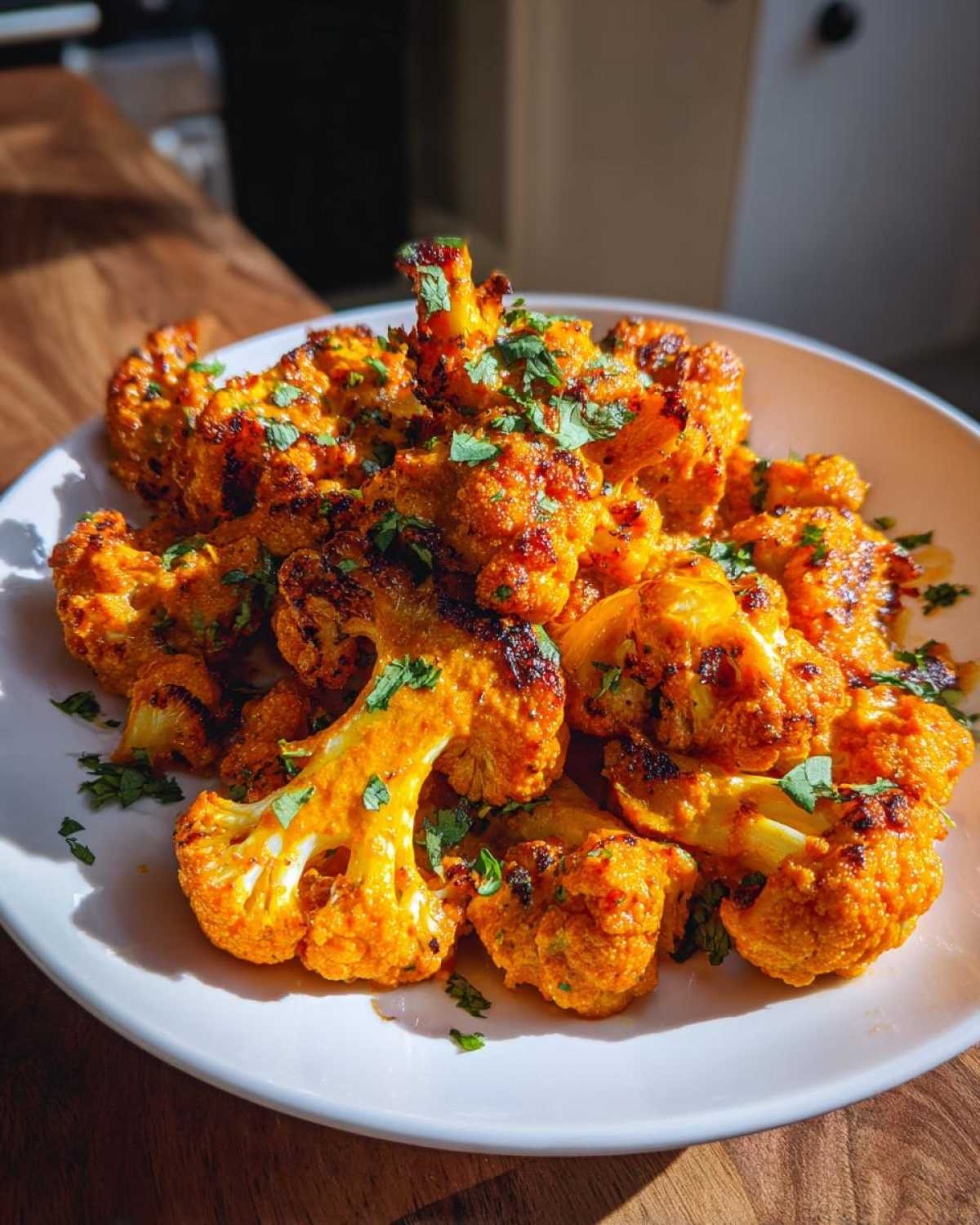 Close-up of roasted cauliflower florets coated in orange tikka masala sauce, garnished with cilantro.