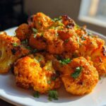Close-up of bright orange, roasted cauliflower florets garnished with fresh cilantro for Vegan Cauliflower Tikka Masala.