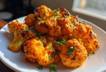 Close-up of bright orange, roasted cauliflower florets garnished with fresh cilantro for Vegan Cauliflower Tikka Masala.