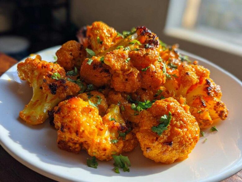 Close-up of bright orange, roasted cauliflower florets garnished with fresh cilantro for Vegan Cauliflower Tikka Masala.