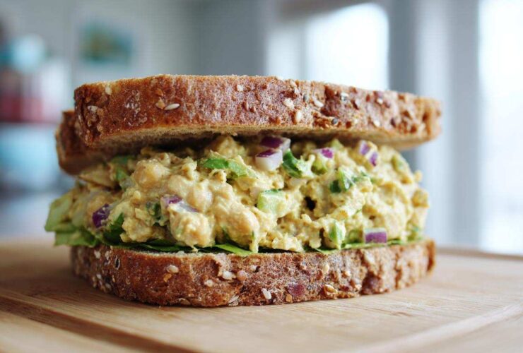 Close-up of a hearty Vegan Chickpea Salad Sandwich made with whole grain bread, creamy filling, red onion, and lettuce.