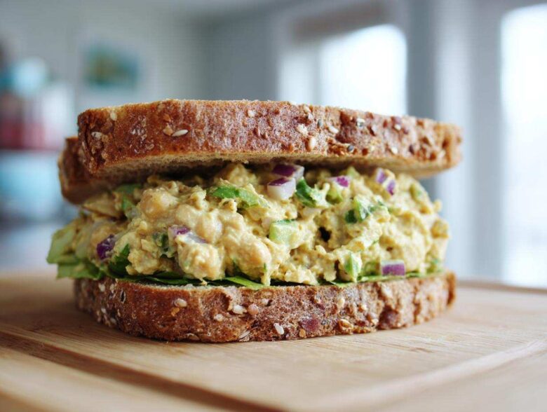 Close-up of a hearty Vegan Chickpea Salad Sandwich made with whole grain bread, creamy filling, red onion, and lettuce.