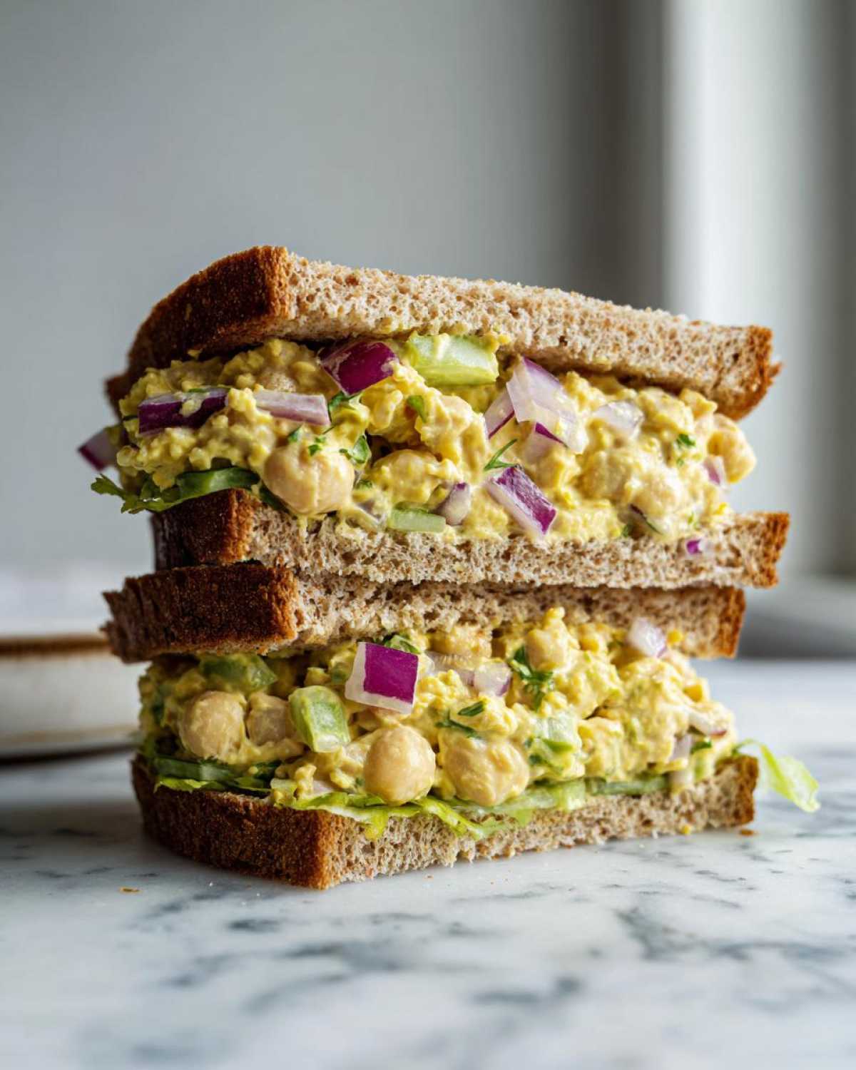 A tall, stacked Vegan Chickpea Salad Sandwich cut in half, showing creamy filling with chickpeas and red onion on marble.