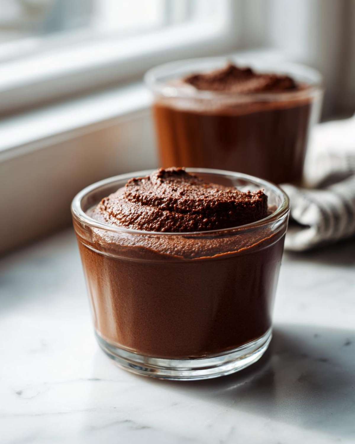 Close-up of rich Vegan Chocolate Avocado Mousse served in a small glass jar on a marble surface.