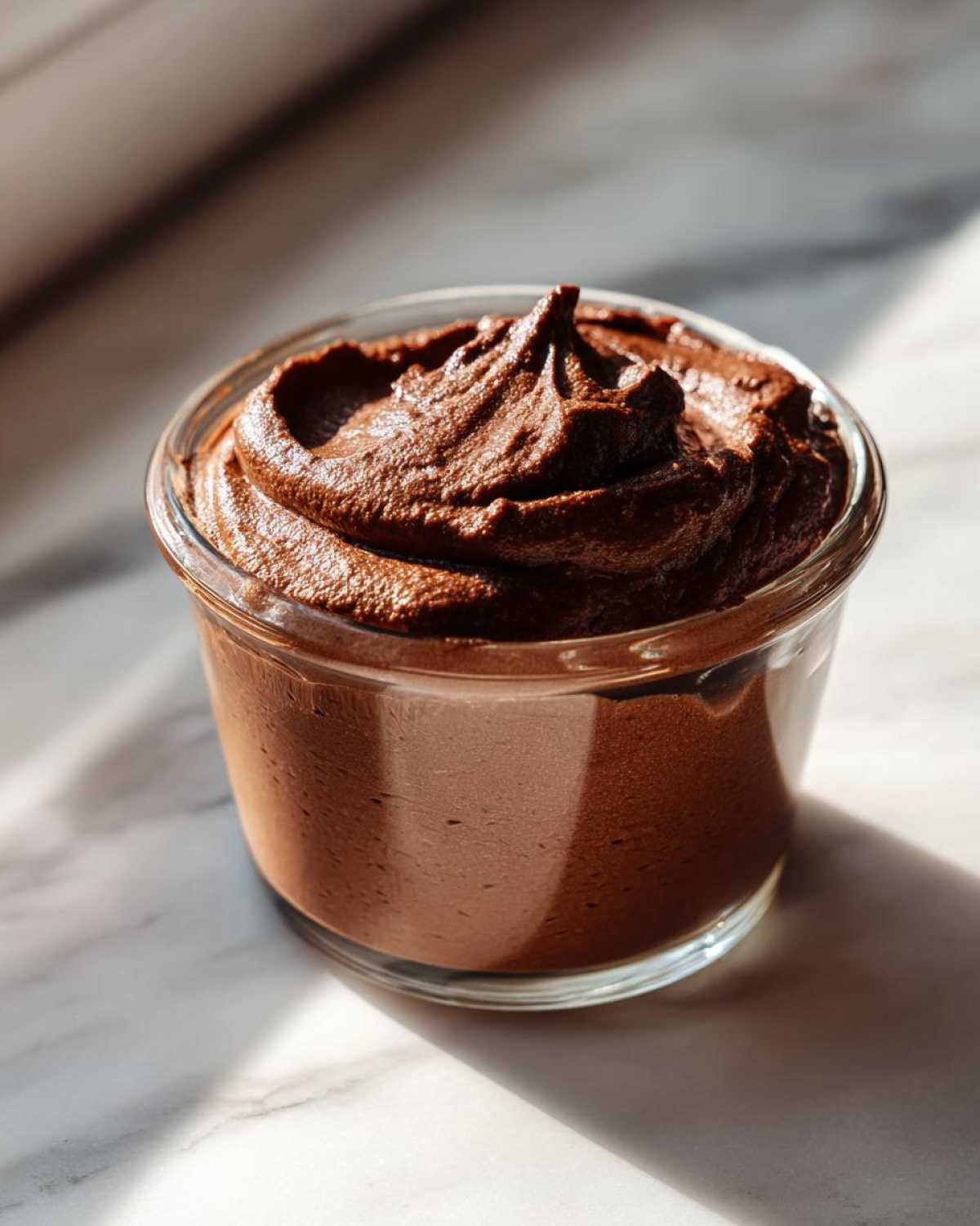 A single serving of rich, dark Vegan Chocolate Avocado Mousse piped high in a small glass jar.