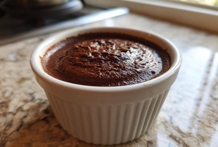 Close-up of rich, dark Vegan Chocolate Avocado Mousse served in a white, fluted ramekin.