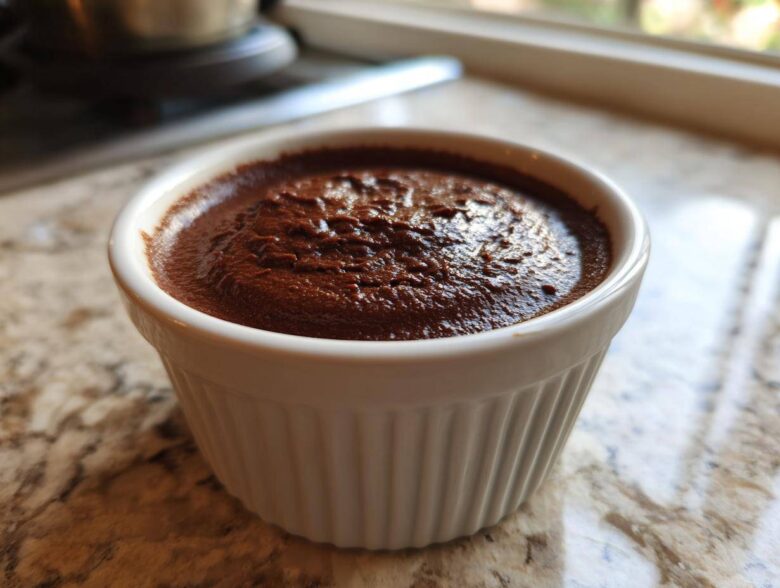 Close-up of rich, dark Vegan Chocolate Avocado Mousse served in a white, fluted ramekin.
