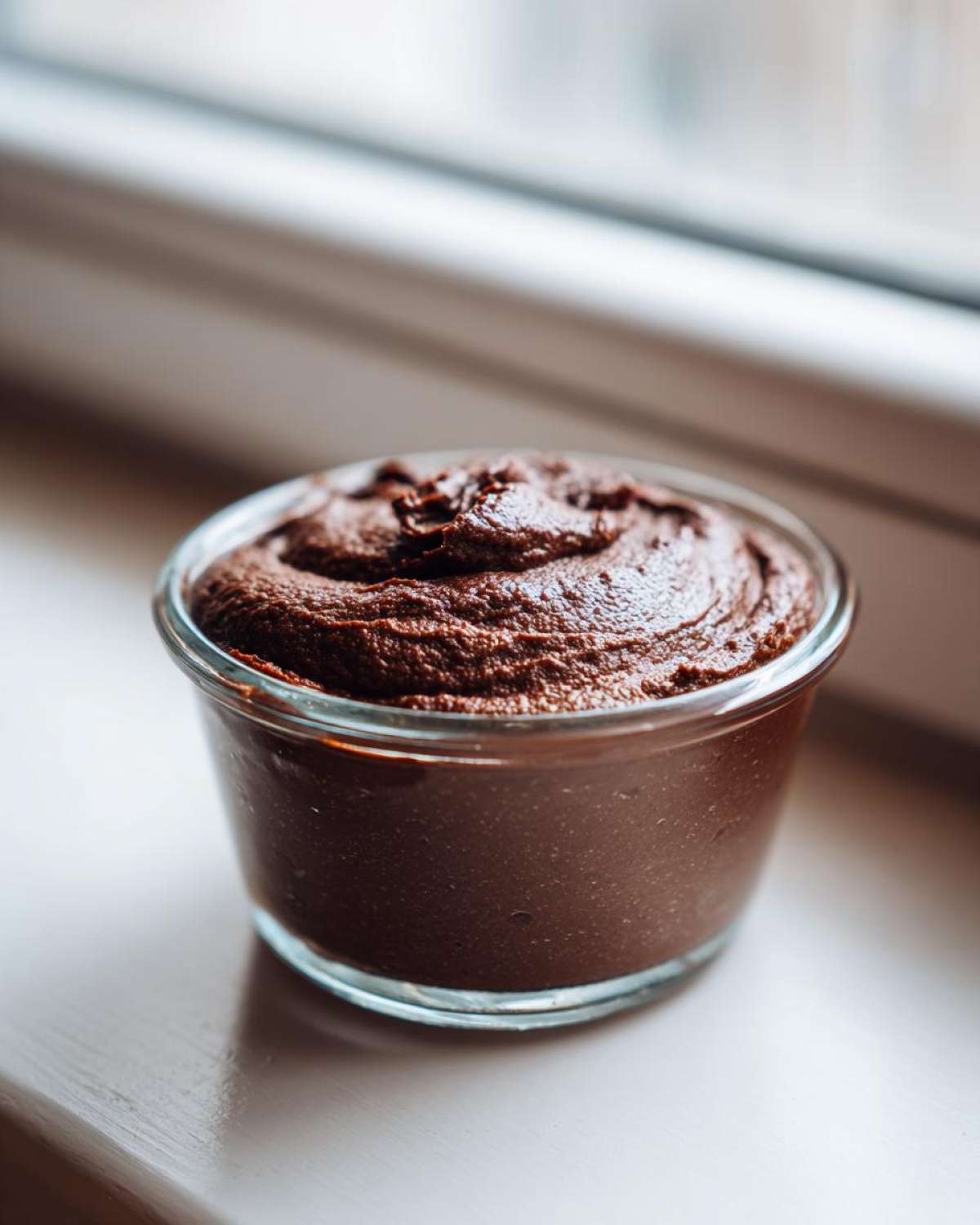A single serving of rich, dark Vegan Chocolate Avocado Mousse in a small glass jar, set on a light windowsill.