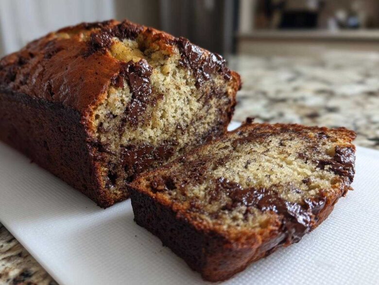 Close-up of a freshly baked Vegan Chocolate Banana Bread loaf with one slice cut, showing gooey melted chocolate chips inside.