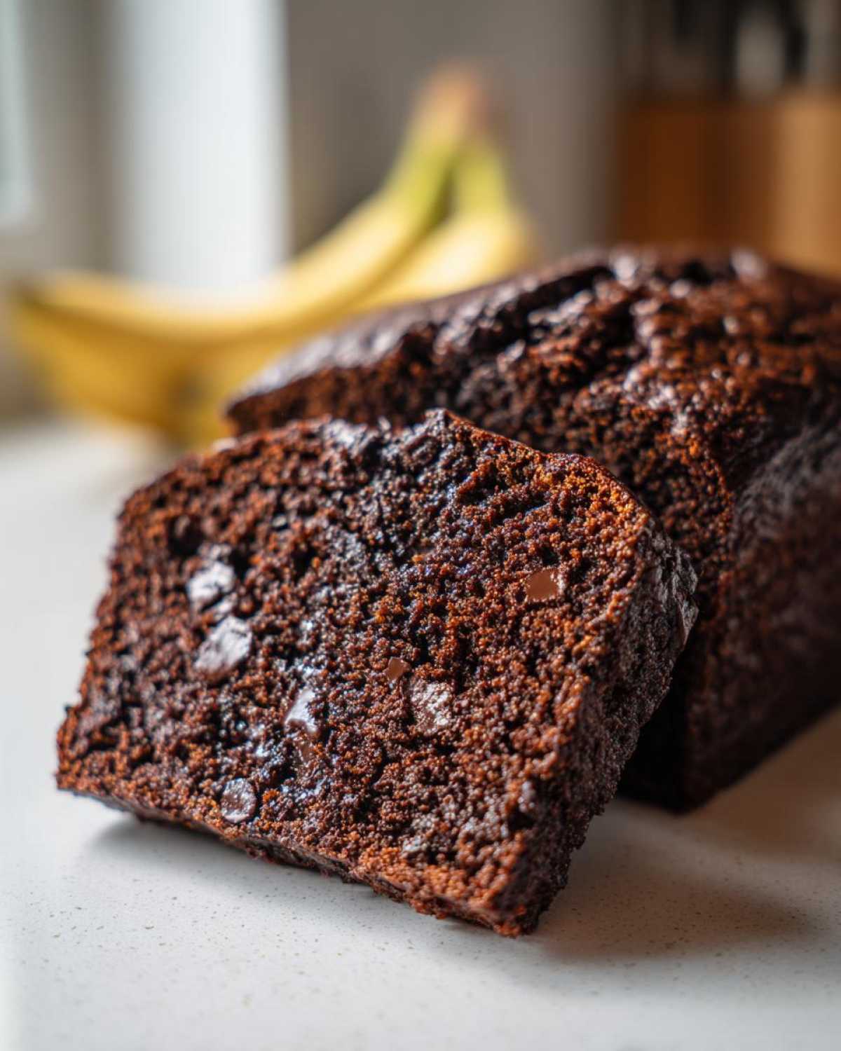 Close-up of a moist slice of Vegan Chocolate Banana Bread with visible chocolate chips, loaf behind it, and bananas blurred in the background.