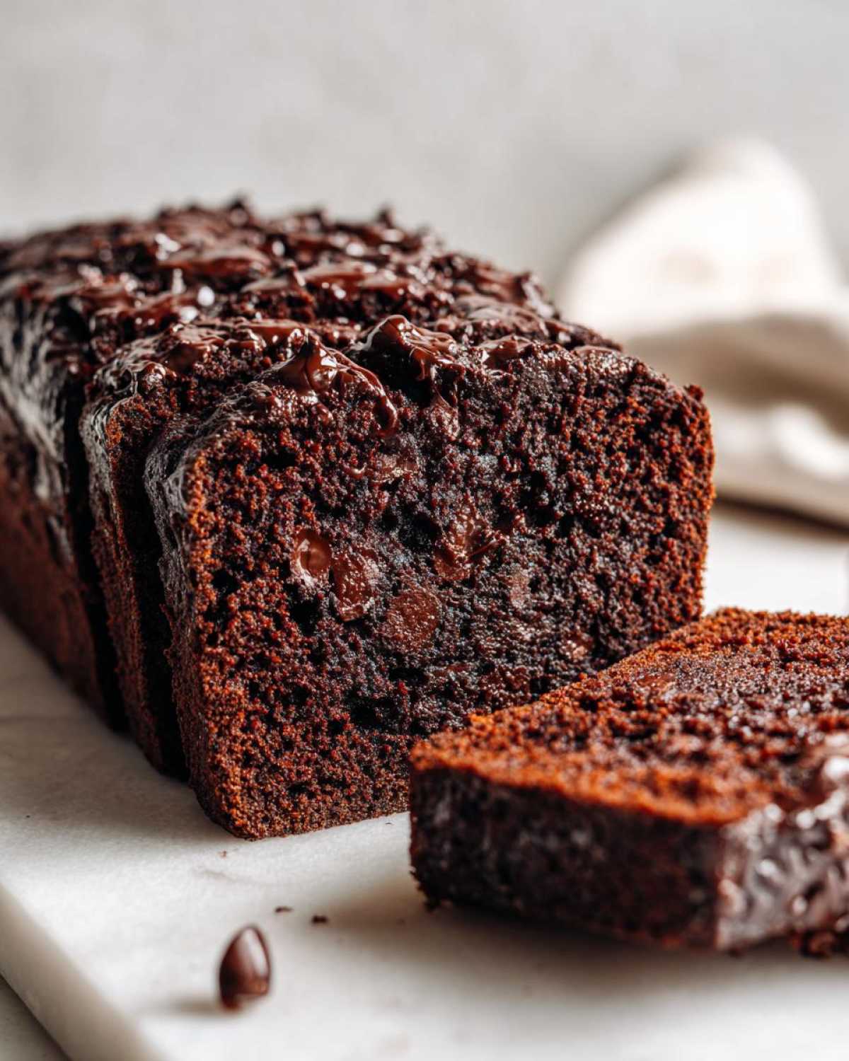 Close-up of sliced Vegan Chocolate Banana Bread with a rich, dark chocolate glaze and visible chocolate chips.