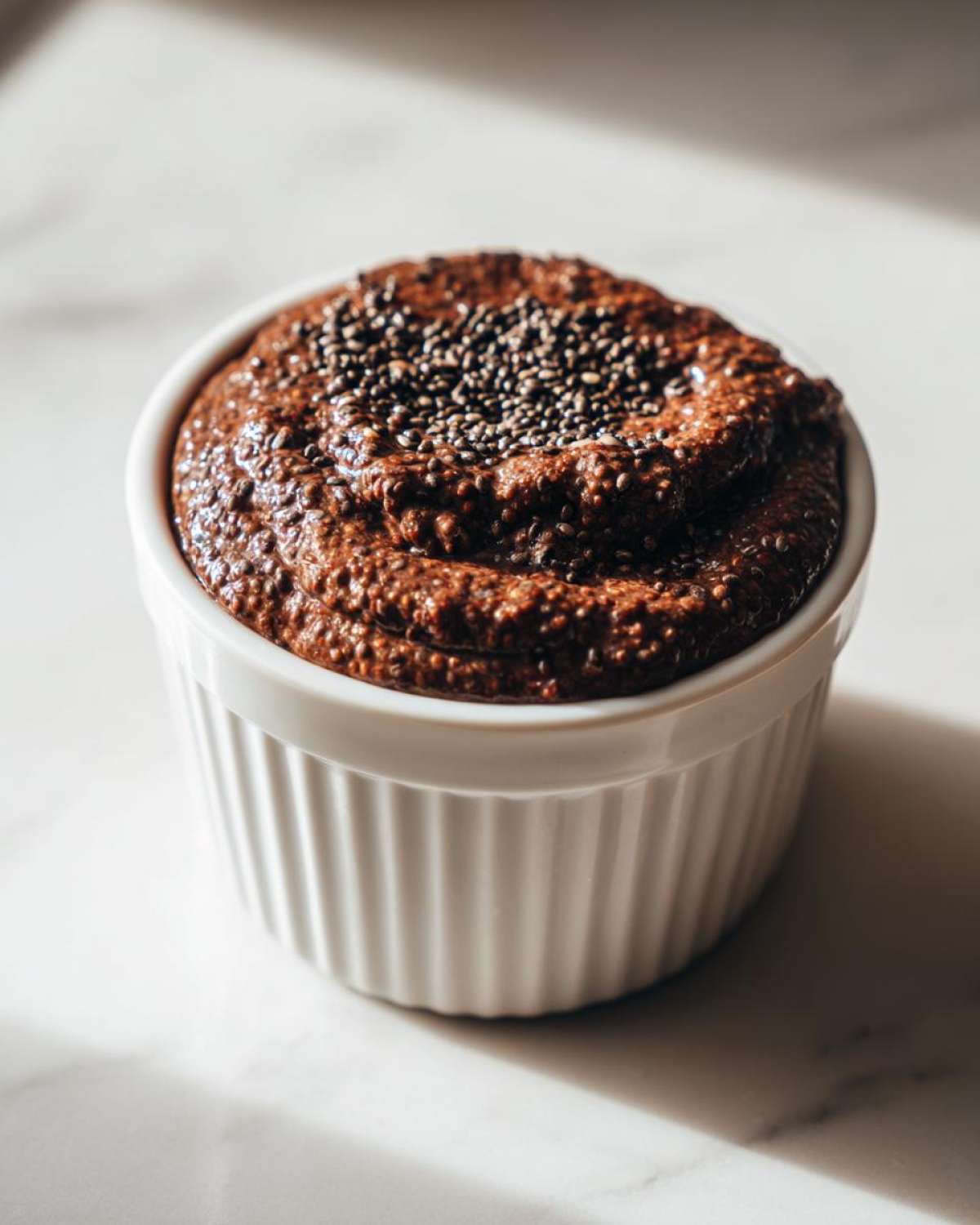 Close-up of rich Vegan Chocolate Chia Pudding topped with extra chia seeds in a white ramekin.