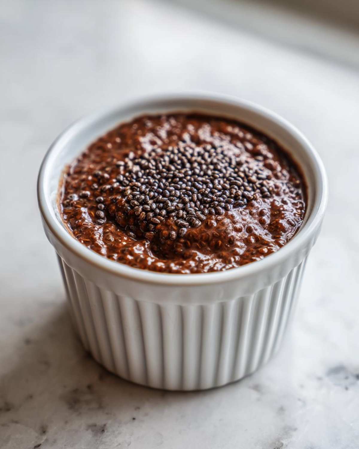 Close-up of rich Vegan Chocolate Chia Pudding topped with dry chia seeds in a white fluted ramekin.
