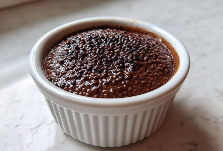Close-up of thick Vegan Chocolate Chia Pudding texture in a white ribbed ramekin.
