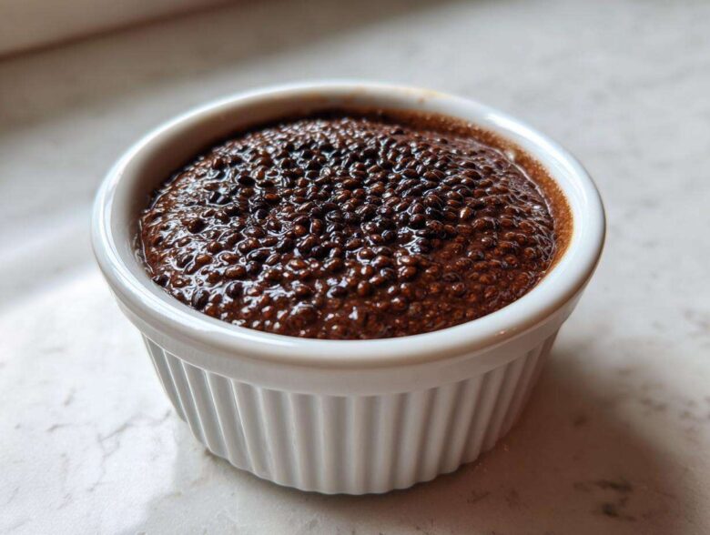Close-up of thick Vegan Chocolate Chia Pudding texture in a white ribbed ramekin.
