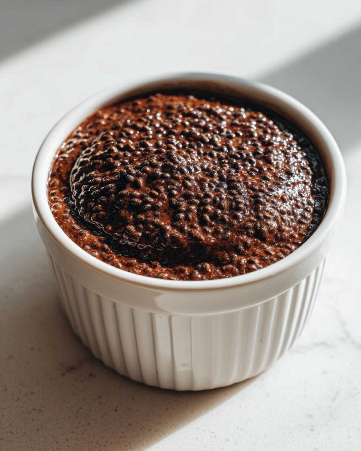 Rich, dark Vegan Chocolate Chia Pudding showing the texture of plump chia seeds in a white ramekin.