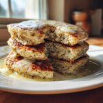 Close-up of a stack of fluffy Vegan Lemon Poppy Seed Pancakes drizzled with a thick lemon glaze.