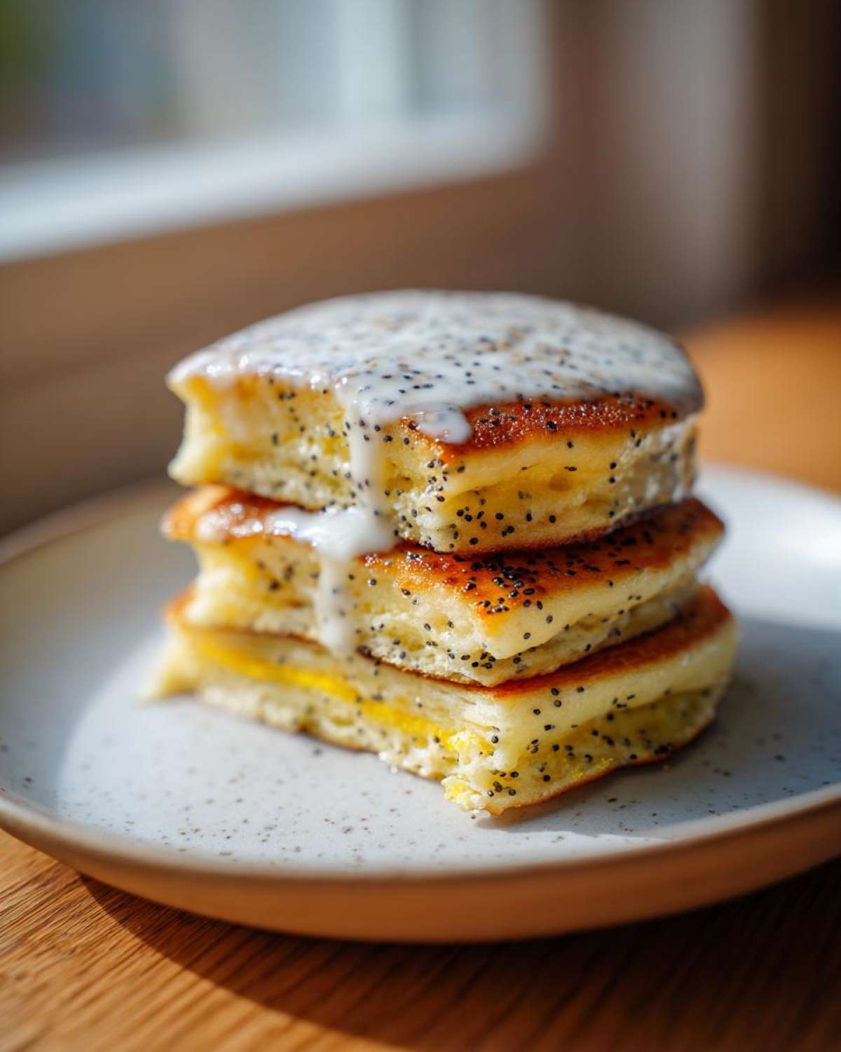 Close-up of a stack of three Vegan Lemon Poppy Seed Pancakes topped with a thick, white poppy seed glaze.