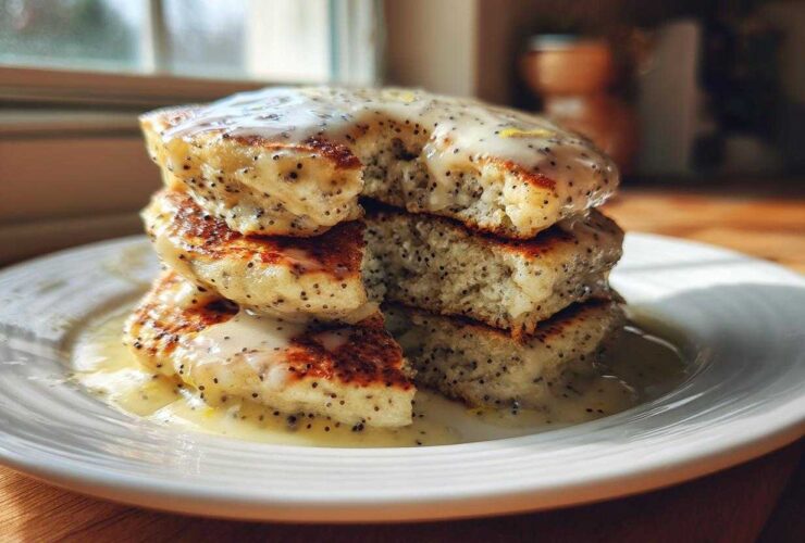 Close-up of a stack of fluffy Vegan Lemon Poppy Seed Pancakes drizzled with a thick lemon glaze.
