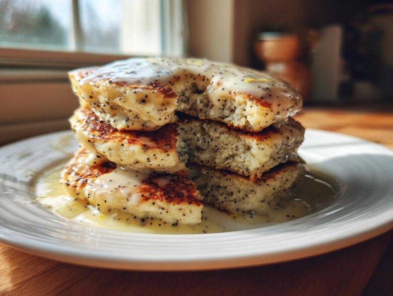 Close-up of a stack of fluffy Vegan Lemon Poppy Seed Pancakes drizzled with a thick lemon glaze.