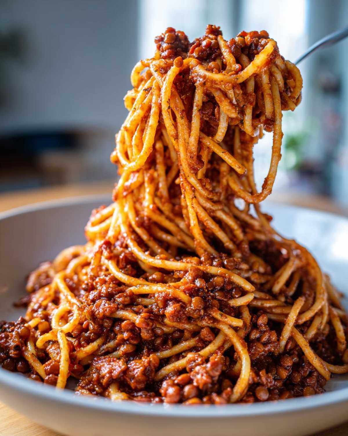 A fork lifting a large swirl of spaghetti coated generously with rich Vegan Lentil Bolognese sauce.