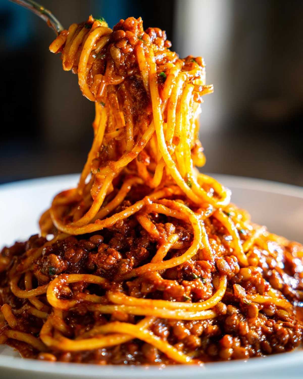 Close-up of spaghetti being lifted from a plate, coated heavily in rich Vegan Lentil Bolognese sauce.