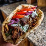 A handheld, fully loaded Vegan Mushroom Shawarma served in warm pita bread with creamy sauce, tomatoes, and red onion.