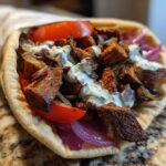 Close-up of a Vegan Mushroom Shawarma wrap filled with seasoned mushrooms, red onion, tomato, and white sauce.