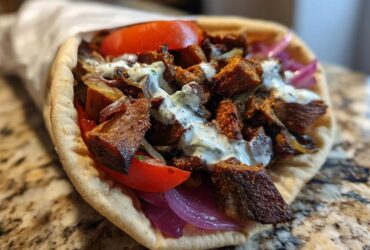 Close-up of a Vegan Mushroom Shawarma wrap filled with seasoned mushrooms, red onion, tomato, and white sauce.