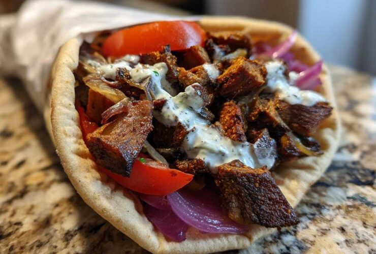 Close-up of a Vegan Mushroom Shawarma wrap filled with seasoned mushrooms, red onion, tomato, and white sauce.